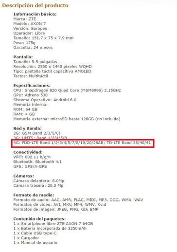 So soll es sein! Die spanische Amazon-Seite listet deutlich mehr LTE-Bänder.