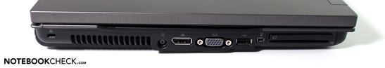 Linke Seite: Kensington Lock, Netzanschluss, Display-Port, VGA, USB, Firewire, Expresscard