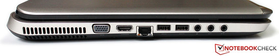 linke Seite: Luftauslass, VGA, HDMI, LAN, 2x USB 3.0, Mikrofon, 2x Kopfhörer