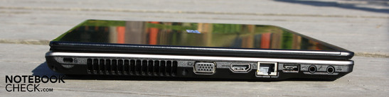 Linke Seite: Kensington, VGA, HDMI, Ethernet, USB 2.0, Line-Out/SPDIF, Mikrofon
