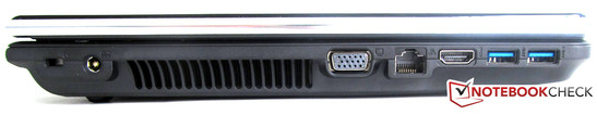 Linke Seite: 2x USB 3.0, HDMI, RJ-45, VGA, Power, Kensington Lock