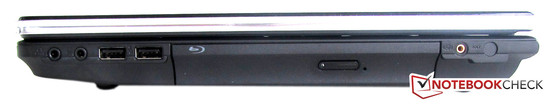 Rechte Seite: Subwoofer Anschluss, Blu-ray-laufwerk, 2x USB 2.0, 2x Sound