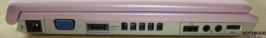 Linke Seite: Netzstecker, VGA-out, eSATA/USB, Lüftung, USB, Audio (Kopfhörer, Mikro), Drehrad