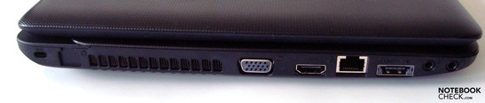 Linke Seite: Kensington, Lüftung, analoger VGA out, HDMI, LAN, eSATA/USB, 2x Audio