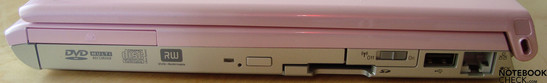 Rechte Seite: Optische Laufwerk, Express Card Slot 54, Kartenleser, WLAN Schalter, USB, LAN, Kensington Lock