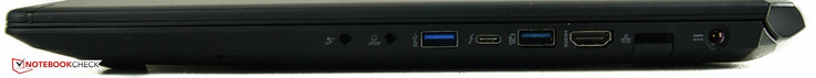 rechts: Kopfhörer- und Mikrofon-Anschluss, 2x USB 3.0, 1x USB-TYP-C, 1x Ethernet-Anschluss, Netzanschluss
