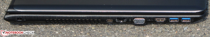linke Seite: Steckplatz für ein Kabelschloss, Type-C-USB (USB 3.1 Gen 1), Gigabit-Ethernet, VGA, HDMI, 2x USB 3.0