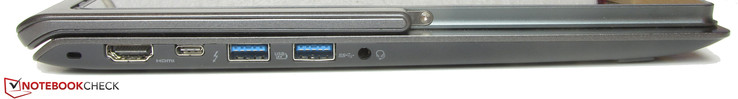 linke Seite: Steckplatz für ein Kabelschloss, HDMI, Thunderbolt 3, 2x USB 3.0, Audio-Kombo