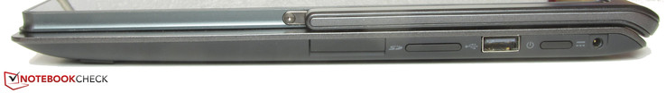 rechte Seite: Speicherkartenleser, Lautstärkewippe, USB 2.0, Power Button, Netzanschluss