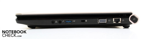 Rechte Seite: Kopfhörer/SPDIF, Mikrofon, USB 3.0, Kensington, VGA, Ethernet, Power-On