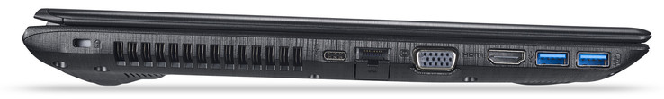 linke Seite: Steckplatz für ein Kabeschloss, USB 3.1 Gen 1 (Typ C), Gigabit-Ethernet, VGA-Ausgang, HDMI, 2x USB 3.0 (Typ A)