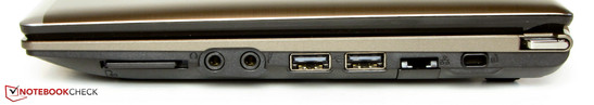 rechte Seite: Speicherkartenlesegerät, Kopfhörerausgang, Mikrofoneingang, 2x USB 2.0, Ethernet-Steckplatz, Steckplatz für ein Kensington Schloss, Powerbutton