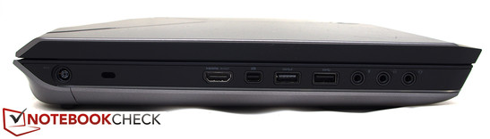 linke Seite: Stromanschluss, 1x Kensington Lock, 1x HDMI, 1x DisplayPort, 2x USB 3.0, Audio