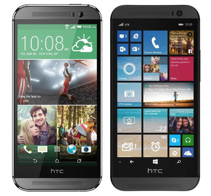Das HTC One M8 für Windows (rechts) sieht dem Android-Modell (links) zum Verwechseln ähnlich (Bild: phonearena.com)