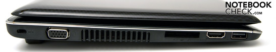 Linke Seite: 1 USB (Sleep and Charge), HDMI, 5-in-1 Kartenleser, VGA, Kensington Lock