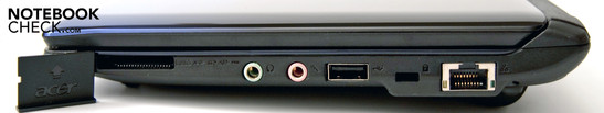 Rechte Seite: 1 USB, RJ-45, Kensington Lock, Audioanschlüsse (Kopfhörerausgang, Mikrofoneingang), Multi-in-1 Kartenleser