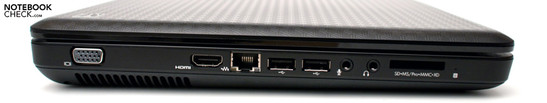 Linke Seite: VGA, HDMI, RJ-45, 2x USB 2.0, Audio, Kartenleser, Status-LED