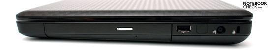 Rechte Seite: Laufwerk, USB 2.0, Status-LED, Stromanschluss, Kensington Lock