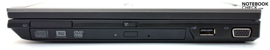 Rechte Seite: ExpressCard 34, DVD-Laufwerk, USB 2.0, VGA