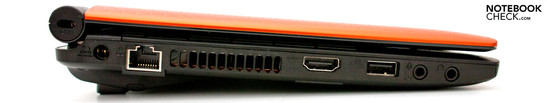 Linke Seite: Kensington Lock, Strom, RJ-45, HDMI, USB 2.0, Audio
