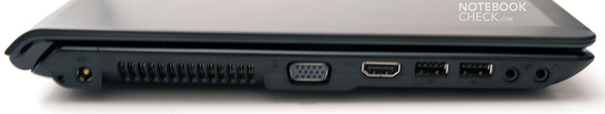 Linke Seite: 2 USB, VGA, HDMI, Audioanschlüsse, Stromanschluss