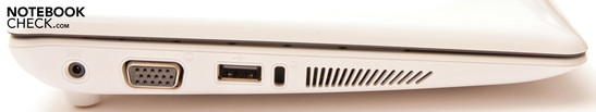 Linke Seite: Stromanschluss, VGA, USB, Kensington Lock