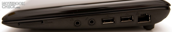 Rechte Seite: 2 USB, Audioanschlüsse (Kopfhörerausgang, Mikrofoneingang), RJ-45 Netzwerkanschluss, 2-in-1 Kartenleser: SD (SDHC), MMC