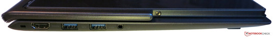 Ansicht von links: Kensington-Key, HDMI, 2x USB 3.0, 3.5 mm Audio-Kombi-Buchse