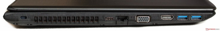 Linke Seite: Kensington-Schloss, Luftauslass, USB 3.1 Typ C, Ethernet (ausklappbar), VGA, HDMI, 2 x USB 3.0