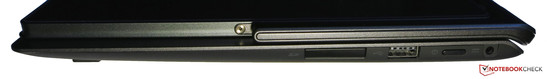 Ansicht von rechts: SD-Kartenleser, 1x USB 2.0, Power-Button, Netzanschluss