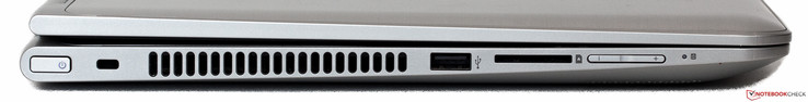 Rechte Seite: On/Off, Kensington, USB 2.0, SD-Karte, Volume, HDD-LED