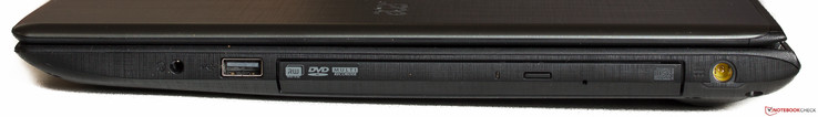 Rechte Seite: Audio in/out, USB 2.0, DVD-Brenner, Strom
