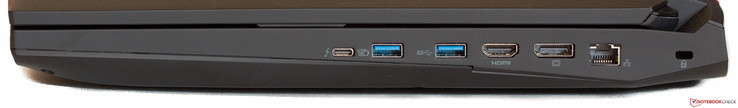 rechte Seite: USB 3.1 Gen2 mit Thunderbolt 3, 2x USB 3.0, HDMI, DisplayPort, Ethernet, Kensington