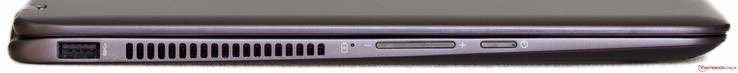 linke Seite: USB 3.0, Lüftungsgitter, Lautstärkewippe, On/Off