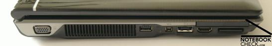 Linke Seite: VGA, Lüftung, USB 2.0, Firewire, E-SATA, HDMI, Express Card Slot 54, Kartenleser