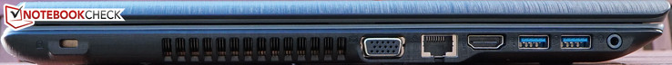links: Anschluss für ein Kensington-Schloss, Luftauslass, VGA-Out, GBit-LAN, HDMI-Out, 2x USB 3.0, Mic-/Line-Out-Combo