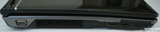 Linke Seite: VGA, Lüftung, Firewire, USB 2.0/HDMI, eSATA, Kartenleser