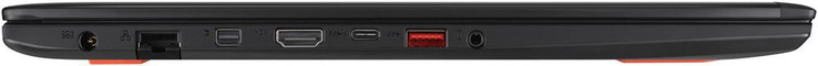 linke Seite: Netzanschluss, Gigabit-Ethernet, Mini Displayport, HDMI, Thunderbolt 3, USB 3.0 (Type A)