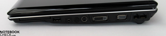rechte Seite: ExpressCard, USB, Firewire, S-Video, DVI-D, VGA Port, Modem, LAN