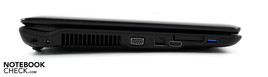 Linke Seite: AC, VGA, LAN, HDMI, ExpressCard, USB
