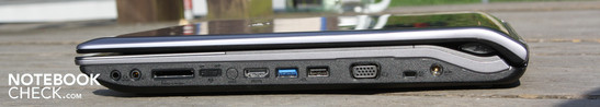 Rechte Seite: Kopfhörer/SPDIF, Mikrofon, Kartenleser, Funk-Schalter, HDMI, USB 3.0, eSATA/USB, VGA, Kensington, AC
