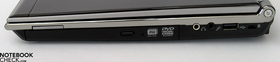 rechte Seite: DVD Laufwerk, Cardreader, Audio Ports (S/PDIF), USB, Kensington Lock