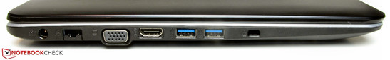 Linke Seite: Netzanschluss, Ethernet-Steckplatz, VGA-Ausgang, HDMI, 2x USB 3.0. Steckplatz für ein Kensington-Schloss