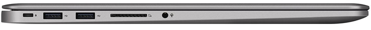 Linke Seite: Steckplatz für ein Kabelschloss, 2x USB 2.0 (Type A), Speicherkartenleser (SD), Audiokombo