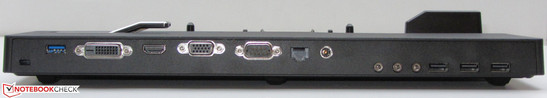 Rückseite: Steckplatz für ein Kensington Schloß, USB 3.0, DVI, HDMI, VGA, serielle Schnittstelle, Netzwerk, Netzanschluss, 3x Audio, 3x USB 2.0