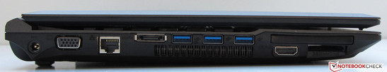 linke Seite: Netzanschluss, VGA-Ausgang, eSATA, 3x USB 3.0, HDMI, ExpressCard-Steckplatz, Speicherkartenlesegerät (SD (SDHC, SDXC, miniSD), MMC, RSMMC, Memory Stick, Memory Stick Pro, Memory Stick PRo Duo)