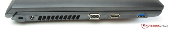 linke Seite: Steckplatz für ein Kensington Schloss, Netzanschluss, VGA-Ausgang, HDMI, USB 3.0