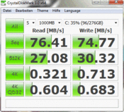 Crystal Disk Mark 76 MB/s Lesen Sequentiell