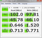 Crystal DiskMark 3.0: 102 MB/s Sequential Read