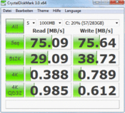 Crystal Disk Mark 3.0: 75 MByte/s Lesen